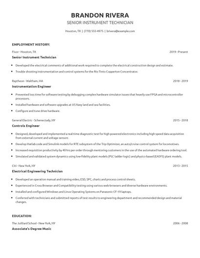 Senior Instrument Technician Resume