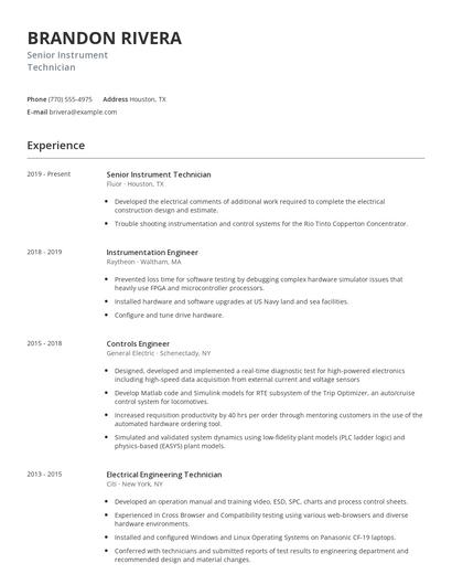Senior Instrument Technician Resume
