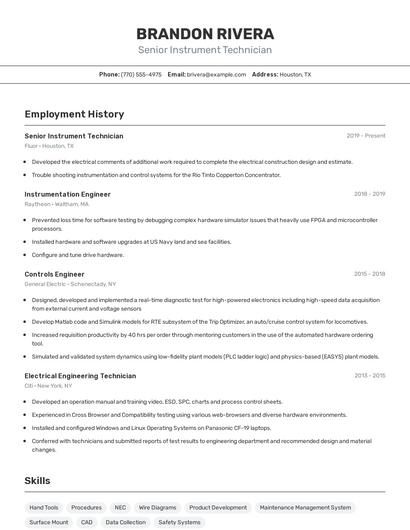 Senior Instrument Technician Resume
