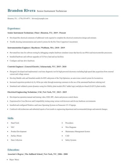 Senior Instrument Technician Resume