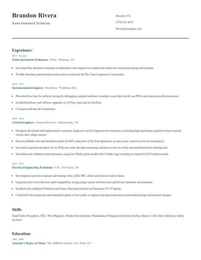 Senior Instrument Technician Resume