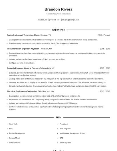 Senior Instrument Technician Resume
