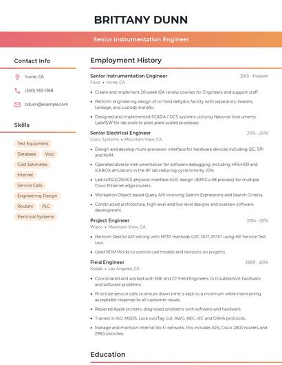 Senior Instrumentation Engineer Resume