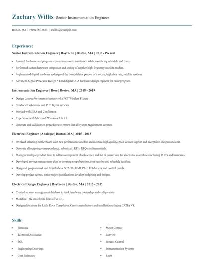 Senior Instrumentation Engineer Resume