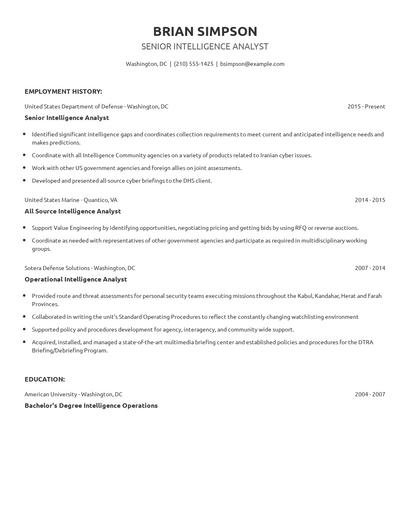 Senior Intelligence Analyst Resume