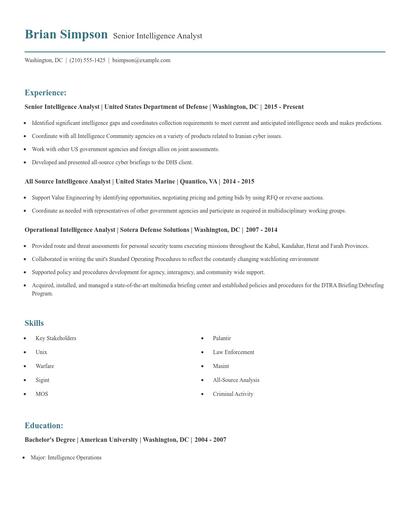 Senior Intelligence Analyst Resume