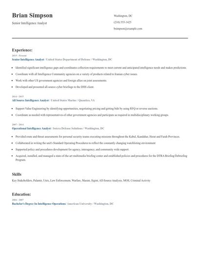 Senior Intelligence Analyst Resume