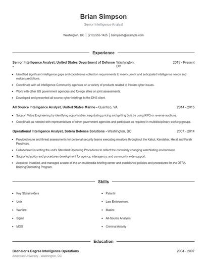Senior Intelligence Analyst Resume