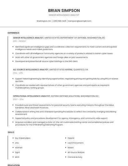 Senior Intelligence Analyst Resume