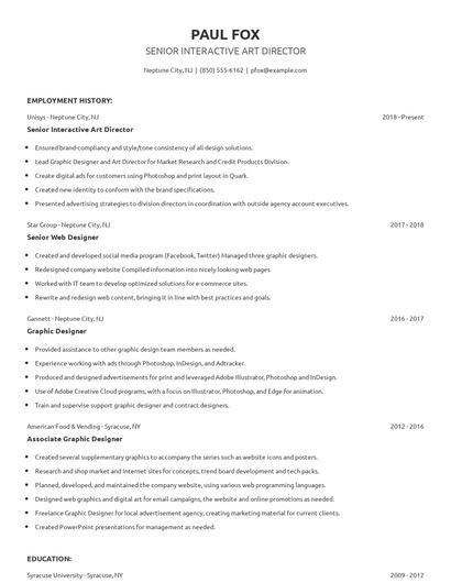 Senior Interactive Art Director Resume