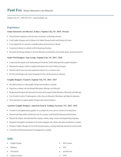 Senior Interactive Art Director Resume