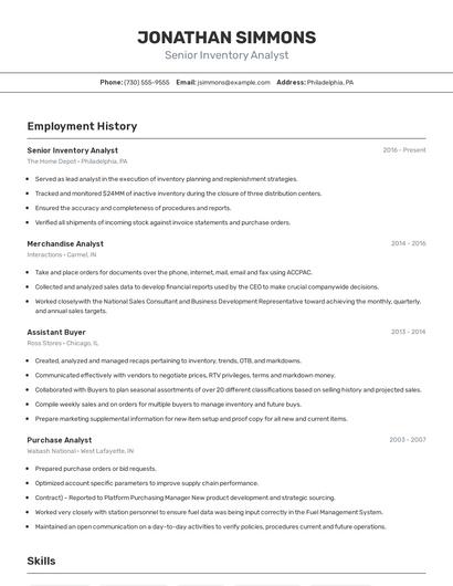 Senior Inventory Analyst Resume