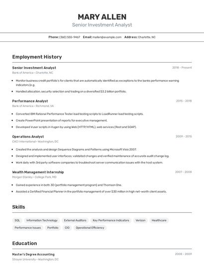 Senior Investment Analyst Resume