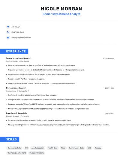 Senior Investment Analyst Resume