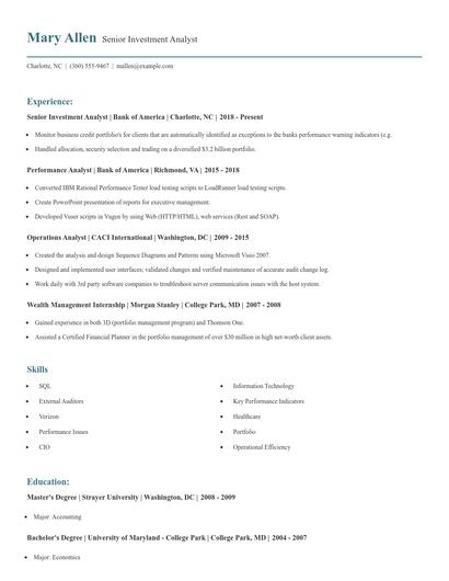 Senior Investment Analyst Resume