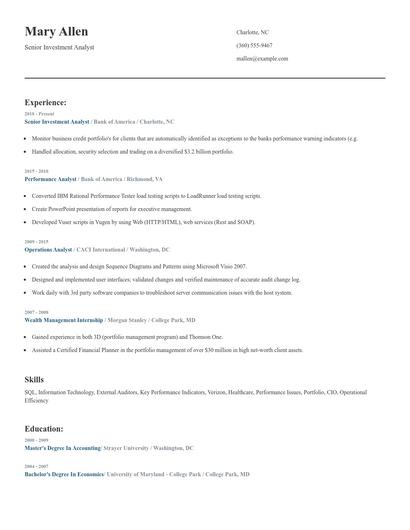 Senior Investment Analyst Resume
