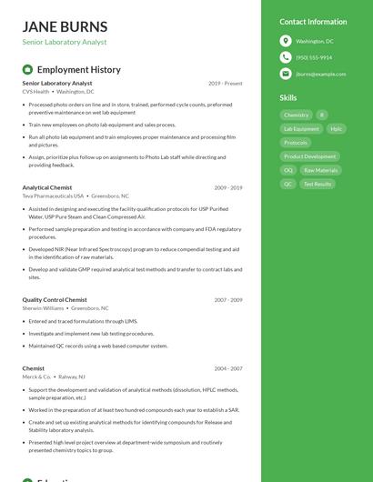 Senior Laboratory Analyst Resume