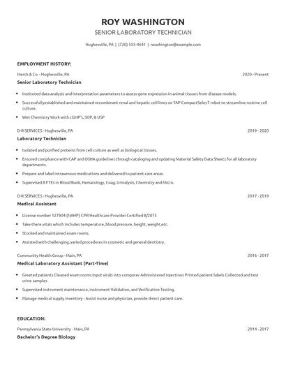 Senior Laboratory Technician Resume