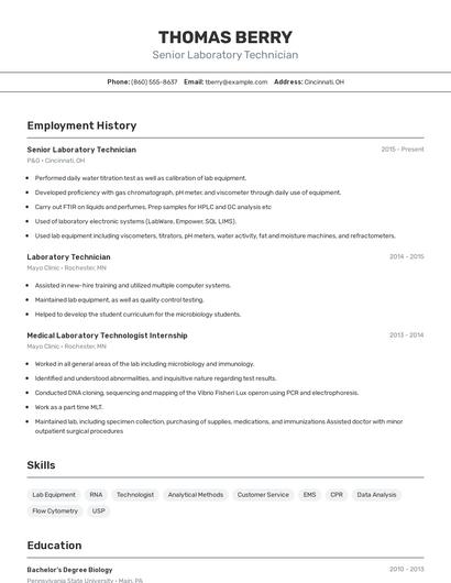 Senior Laboratory Technician Resume