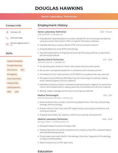 Senior Laboratory Technician Resume