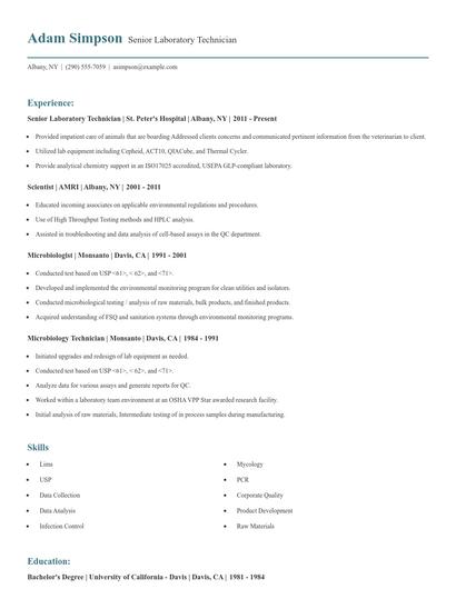 Senior Laboratory Technician Resume