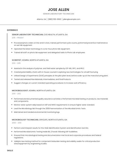 Senior Laboratory Technician Resume