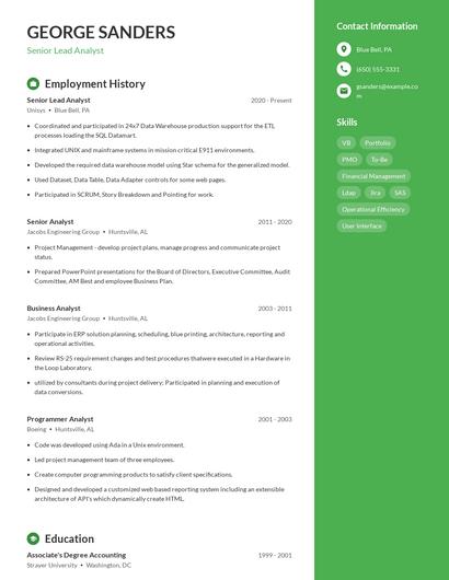 Senior Lead Analyst Resume