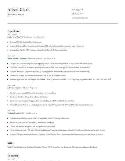 Senior Lead Analyst Resume