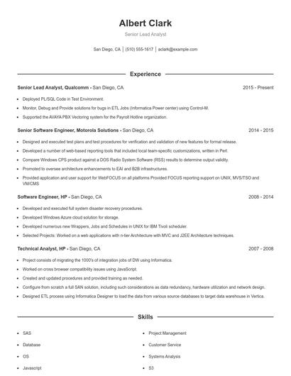 Senior Lead Analyst Resume