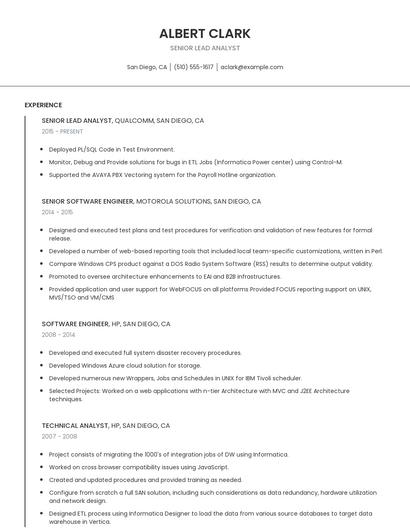 Senior Lead Analyst Resume