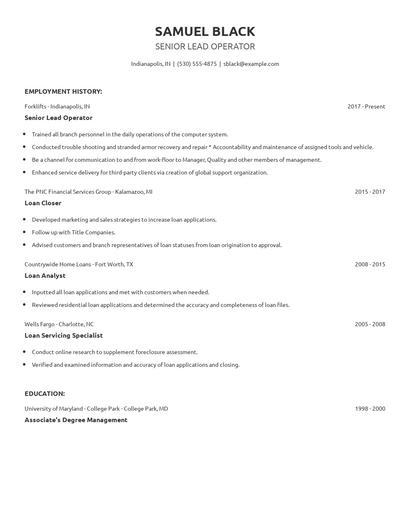 Senior Lead Operator Resume