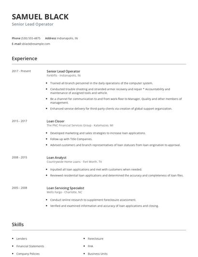 Senior Lead Operator Resume