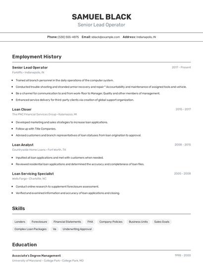 Senior Lead Operator Resume
