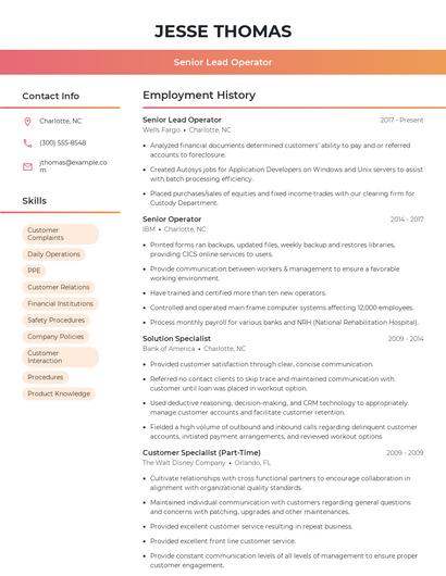 Senior Lead Operator Resume