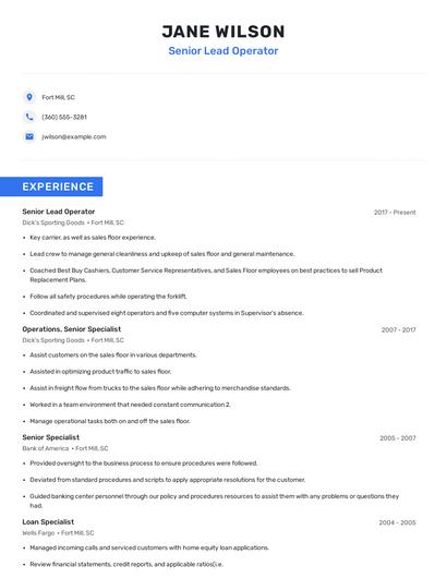 Senior Lead Operator Resume