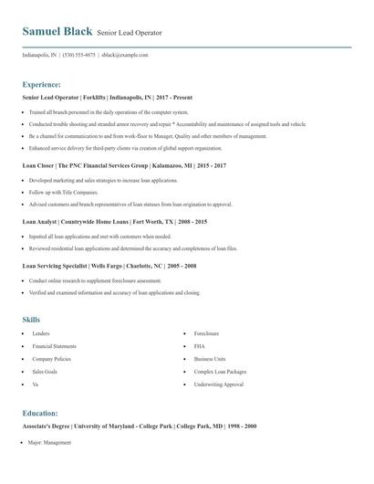 Senior Lead Operator Resume