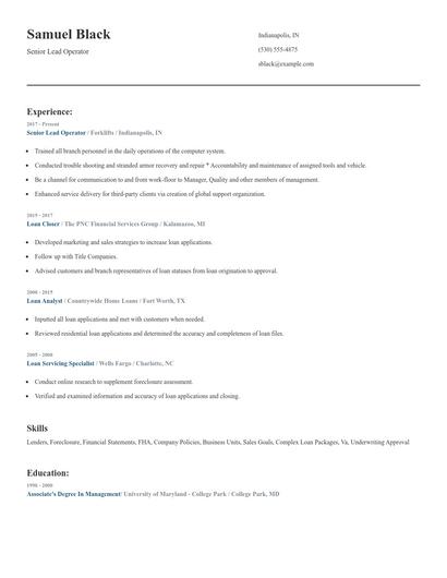 Senior Lead Operator Resume