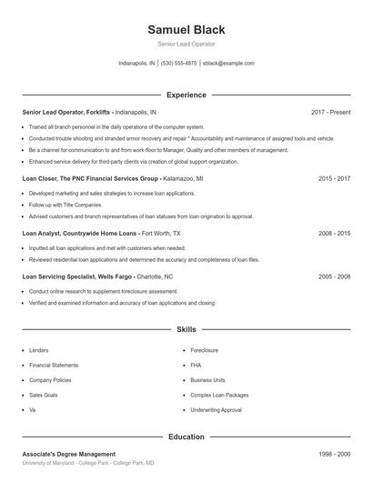 Senior Lead Operator Resume