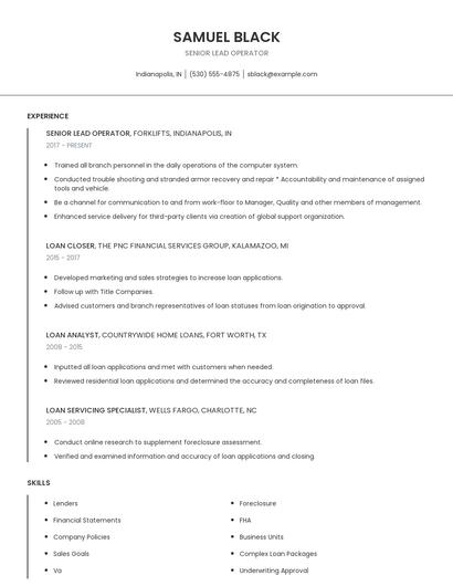 Senior Lead Operator Resume