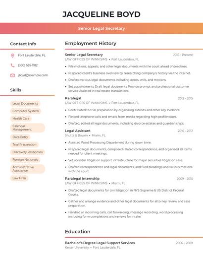 Senior Legal Secretary Resume