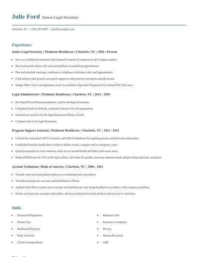 Senior Legal Secretary Resume