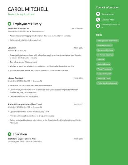 Senior Library Assistant Resume