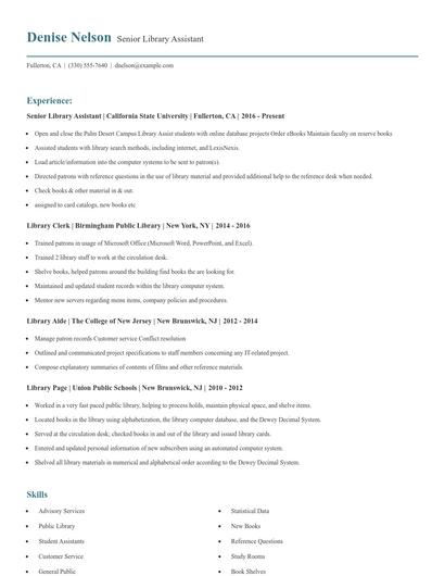 Senior Library Assistant Resume