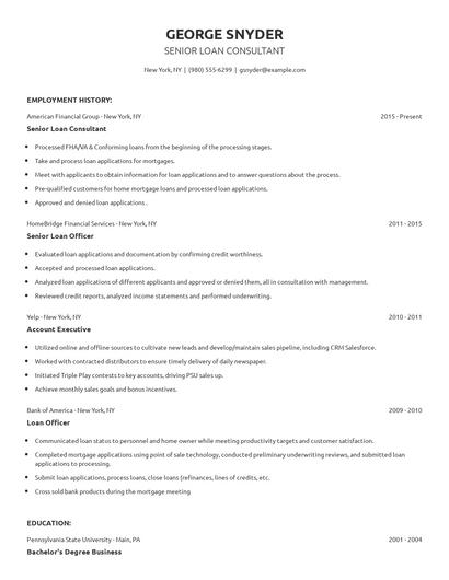 Senior Loan Consultant Resume