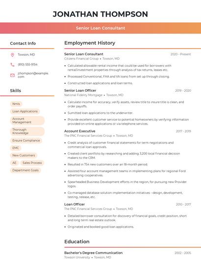 Senior Loan Consultant Resume