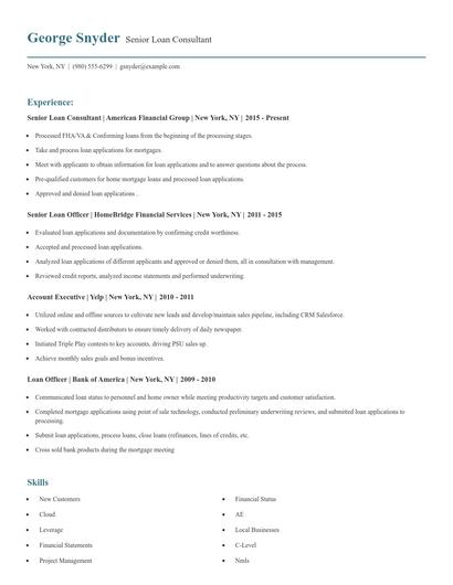 Senior Loan Consultant Resume