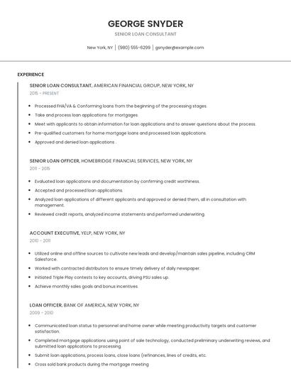 Senior Loan Consultant Resume
