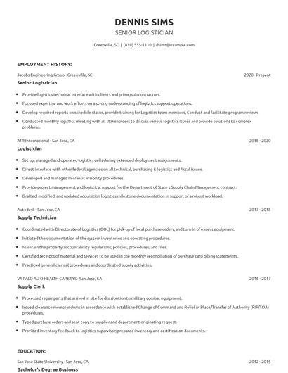 Senior Logistician Resume