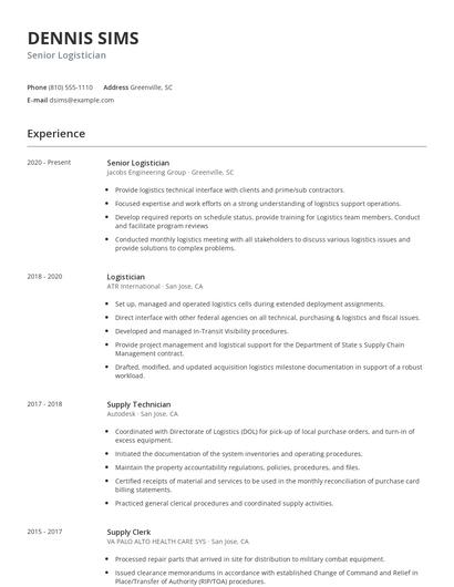 Senior Logistician Resume
