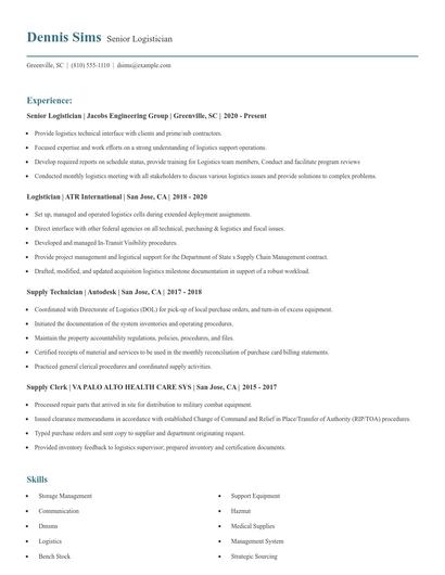 Senior Logistician Resume